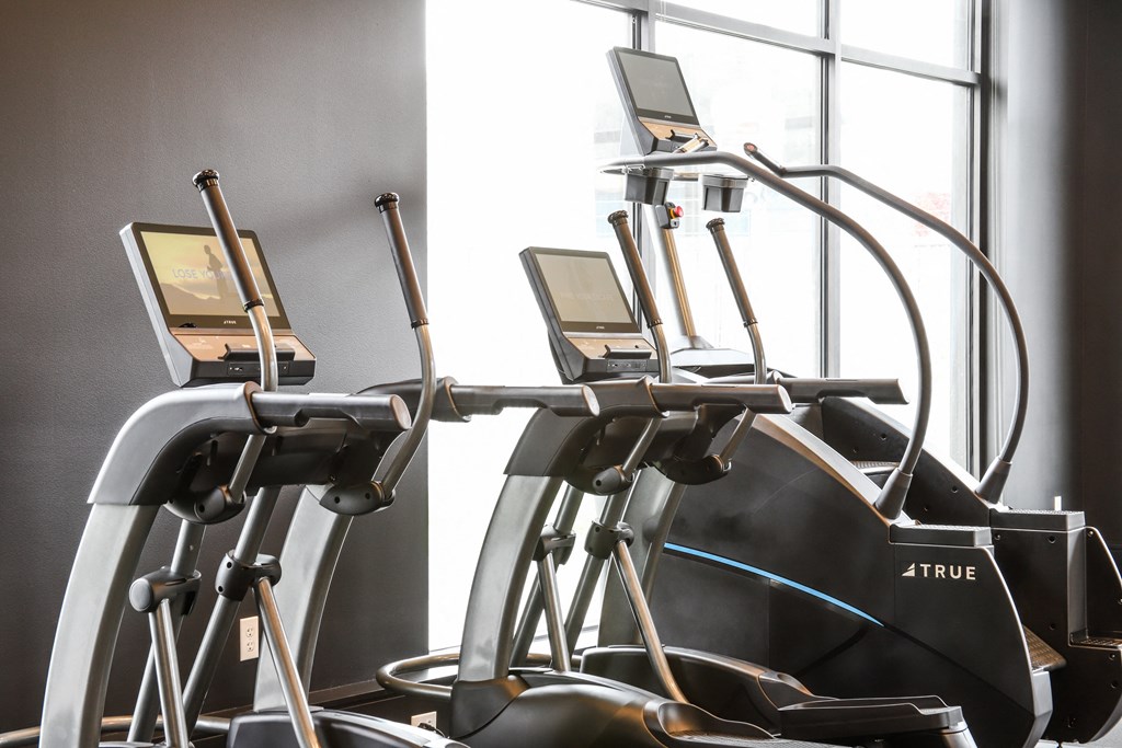 a row of exercise machines in a gym