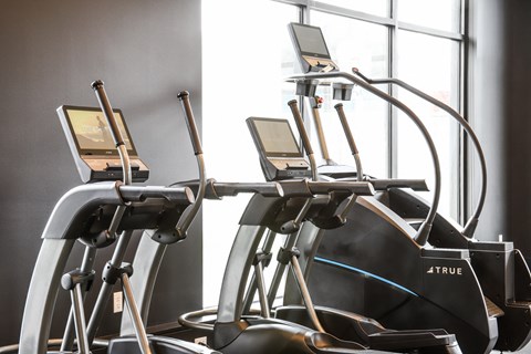 a row of exercise machines in a gym