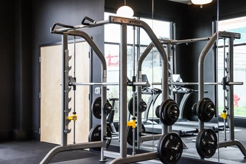 a row of weights in a gym with a window