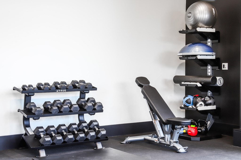 a home gym with weights and a rack of dumbbells