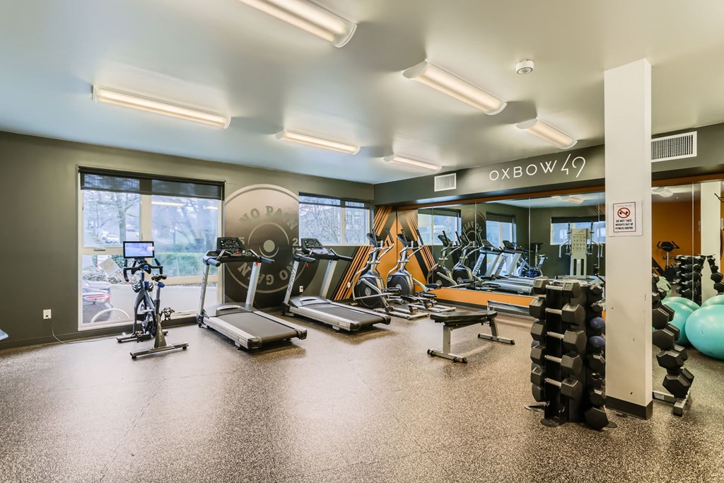 A gym with a variety of equipment including treadmills, exercise bikes, and weight racks.