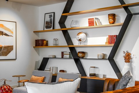 a living room with a black shelving unit with shelves and a couch