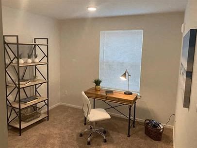 A room with a desk, chair, and shelving unit.