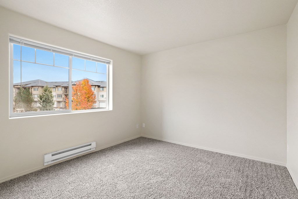 an empty room with carpet and a window