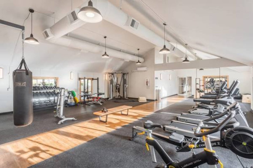 A gym with a variety of equipment including treadmills, weights, and a punching bag.
