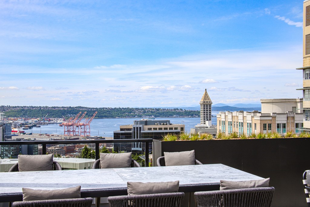 A table set for a meal overlooking a body of water with a distant crane.