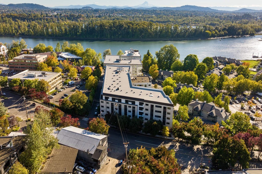 A large white building with a grey roof is surrounded by trees and other buildings.