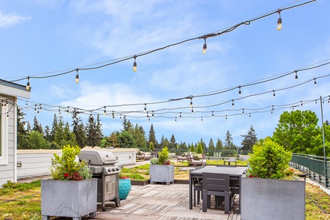 the patio has a grill and tables and chairs and a view of the trees
