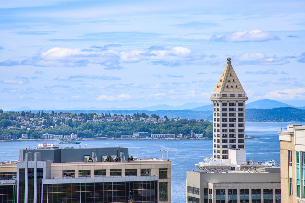 A cityscape with a prominent tower in the center.
