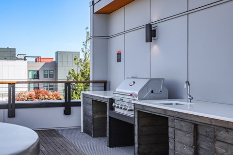 a kitchen with a grill and a sink on a balcony