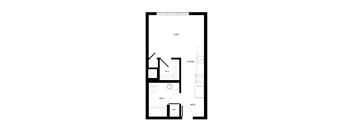 A floor plan of a small apartment with a living room, kitchen, bathroom, and entry.