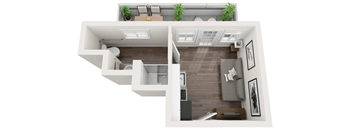 a rendering of the 1 bedroom floor plan with a bathroom and a living room
