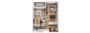 A detailed 3D floor plan of a small apartment layout.