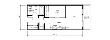 A floor plan of a small apartment with a living room, bedroom, and bathroom.