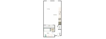 A floor plan of a home with a living room, kitchen, bathroom, and closet.