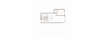 A floor plan of a small apartment with a living room, kitchen, and bathroom.