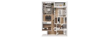 A 3D rendered image of a small apartment layout.