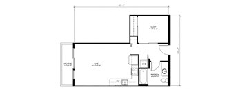 A floor plan of a room with a sleeping area, a living area, a bathroom, and a kitchen.