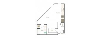 A floor plan of a home showing a living room, kitchen, bathroom, and walk-in closet.