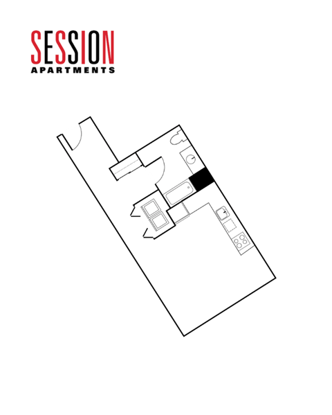 A black and white drawing of a floor plan for Session Apartments.