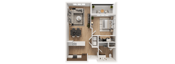 A 3D rendered image of a modern apartment layout.