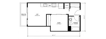 A floor plan of a small apartment with a living room, a bedroom, a bathroom, and a kitchen.