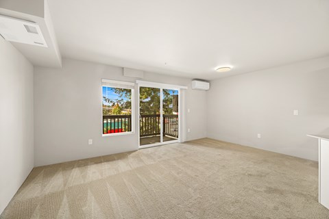 A room with a carpeted floor and a sliding glass door leading to a balcony.