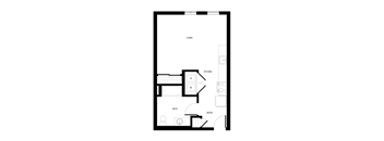 A floor plan of a small apartment with a living room, kitchen, bathroom and entry.