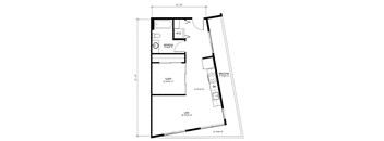 A floor plan of a small apartment with a living area, sleeping area, and a bathroom.