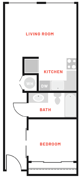 a floor plan of a living room with a kitchen and a bathroom