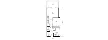 A floor plan of a small apartment with a living room, a bedroom, and a bathroom.