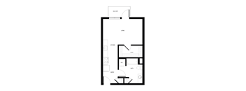 A floor plan of a house with a kitchen, bathroom, and living room.