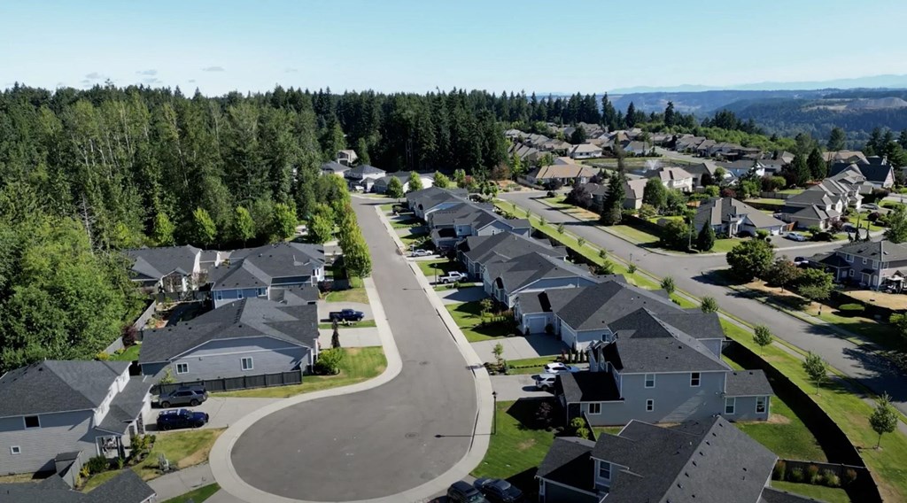 an aerial view of a neighborhood with houses and trees