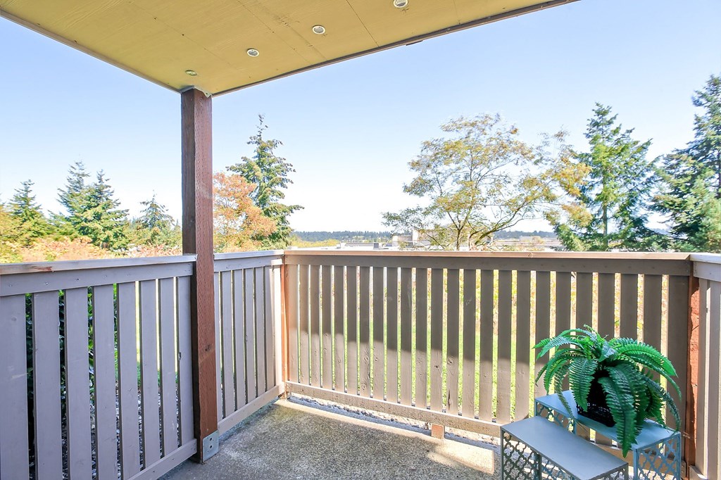 a balcony with a view of a lake and a deck with a plant