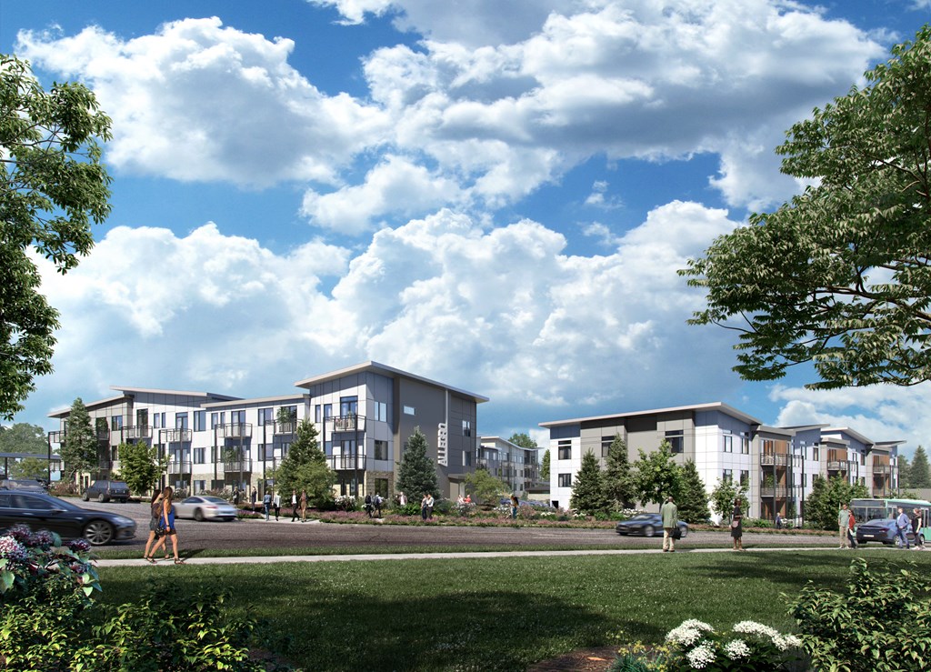 a rendering of an apartment complex with people walking on the sidewalk