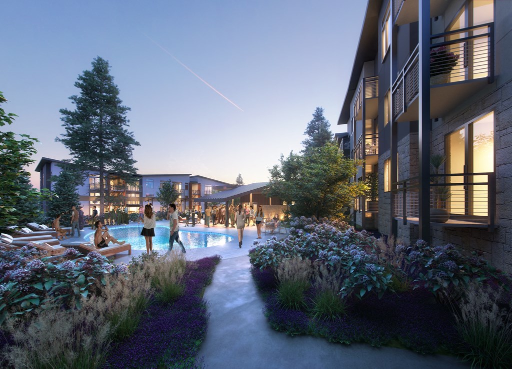 an artist impression of the pool area of a building with people walking around it