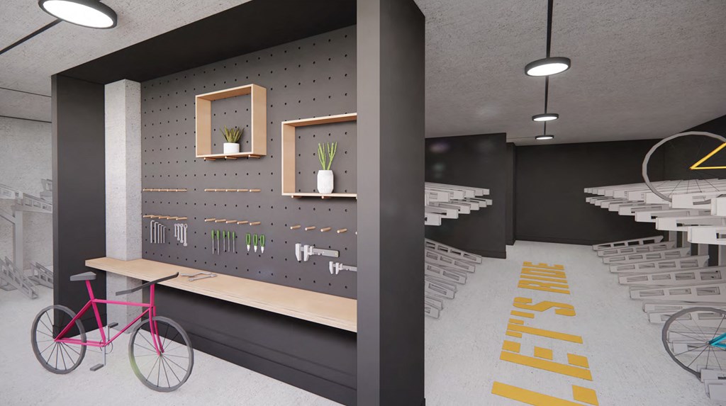 a rendering of the inside of a bike shop
