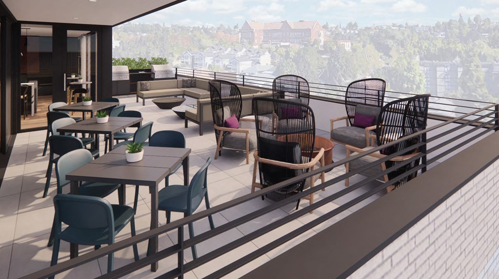 a rendering of a patio with tables and chairs on a balcony