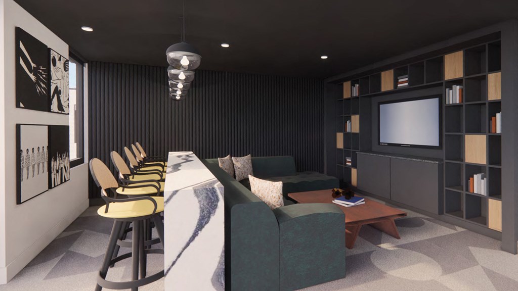 a conference room with a long table and chairs and a television