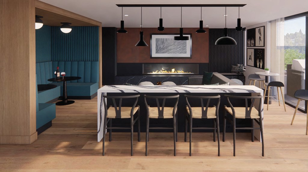 a dining room with a table and chairs and a fireplace