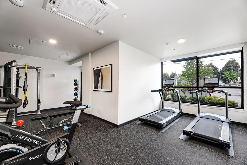 a gym with treadmills and other exercise equipment and a window