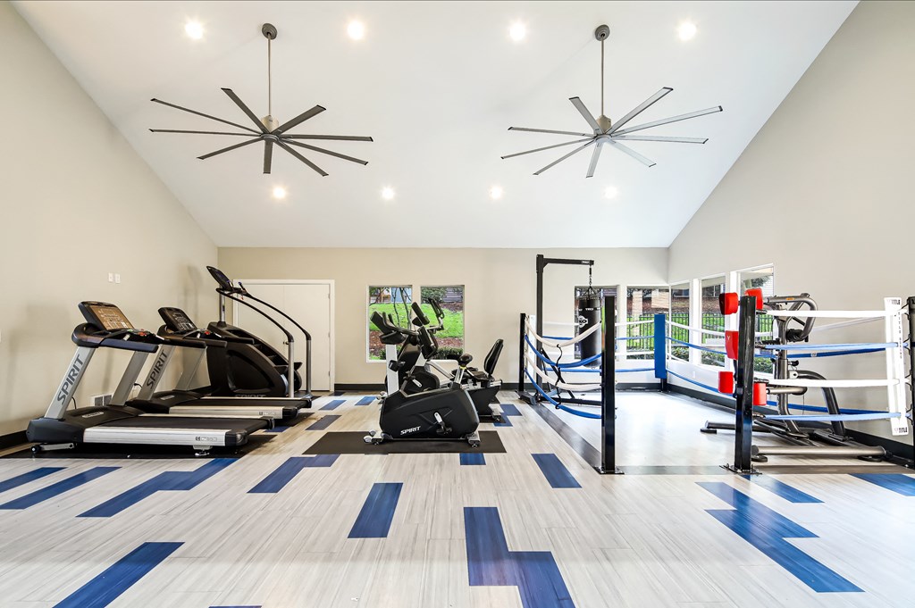 a gym with treadmills and weights on the floor and a punching bag