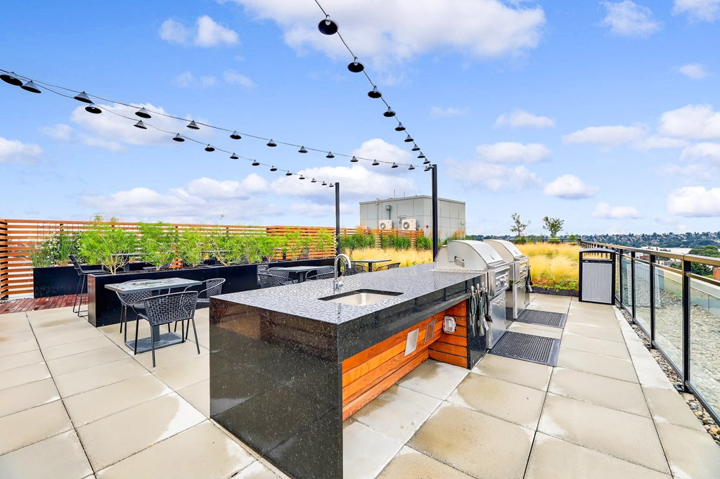 the kitchen and dining area of a rooftop terrace with a grill and a bar