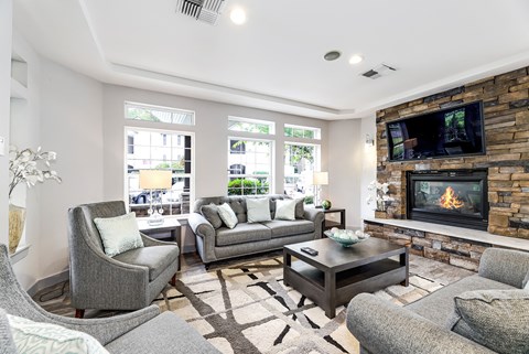 a living room with couches and chairs and a fireplace