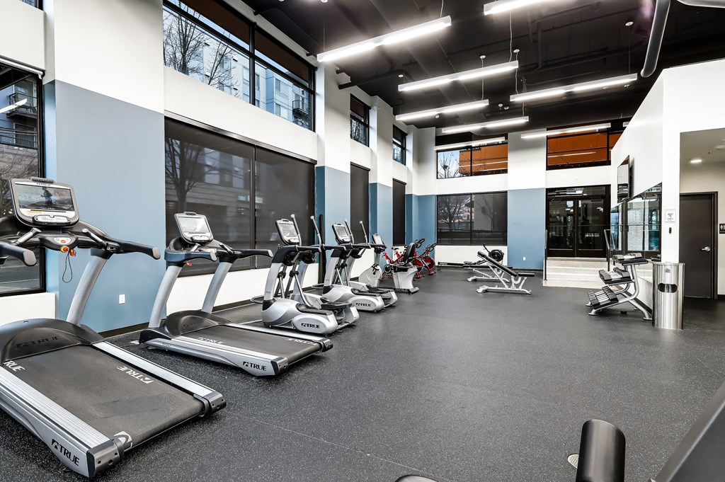 a gym with cardio equipment and weights on the floor