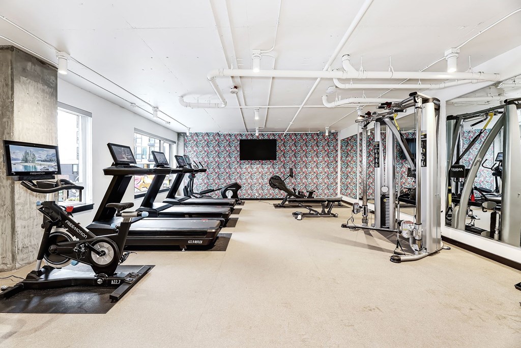 a gym with treadmills and weights and a tv on the wall