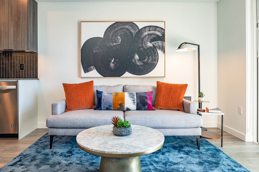 a living room with a couch and a coffee table