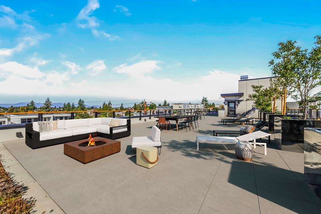 a rendering of a rooftop patio with couches and tables