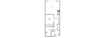 A floor plan of a small apartment with a living room, kitchen, bathroom, and two bedrooms.