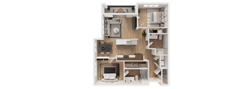 A detailed 3D floor plan of a modern apartment layout.